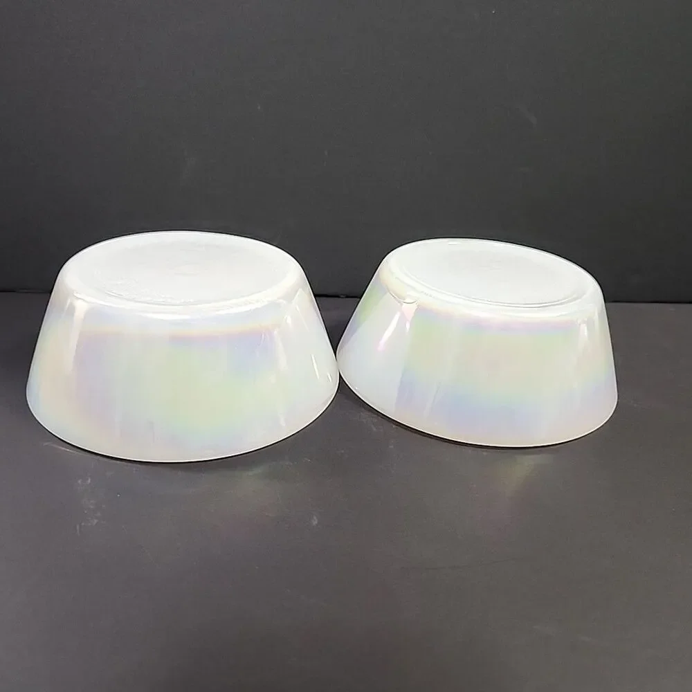 (2) Vtg Iridescent Anchor Hocking Fire King Milk Glass Custard Cups